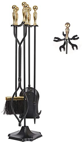 Set di 5 attrezzi per caminetto in ferro battuto, stile classico dorato, resistente, kit di attrezzi per la casa, facile da montare, set di utensili per stufe