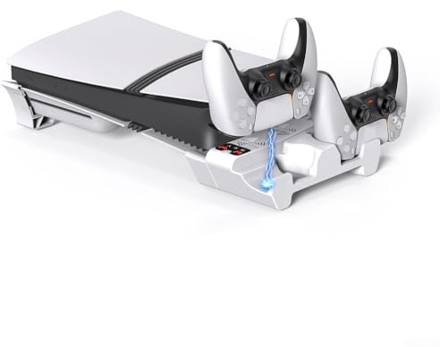 CNANRNANC Horizontaler Kühlständer für PS5 Pro/Slim mit Dual-Controller-Ladegerät und 3-stufig verstellbarem horizontalen Gaming-Konsolen-Kühlerlüfter, 22,2 x 9,41 x 7,11 cm