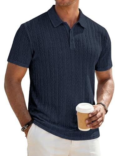 JMIERR Men's Textured Knit Polo Shirt Fashion Short Sleeve Regular Fit Stretch Collared Summer Shirts, 3XL, Navy Blue