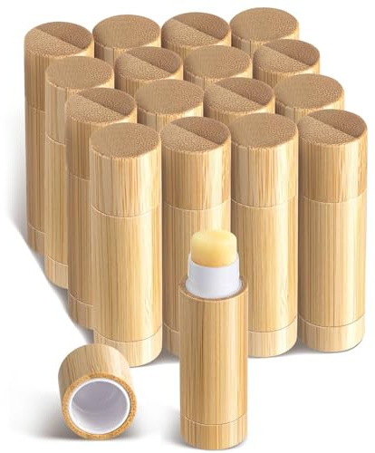 16 Tubos Vacíos de Bambú para Bálsamo Labial, Envases Recargables de 5g para Barra de Labios y Bálsamo Labial Colorido, con Mecanismo Giratorio, Ideales para Viaje y Maquillaje DIY