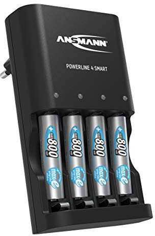ANSMANN Chargeur pour piles Powerline 4 Smart (1 pce) + 4 piles HR6 – Chargeur automatique pour 1 à 4 piles HR6/HR03 – Station de recharge avec modes réparation et détection des piles défectueuses
