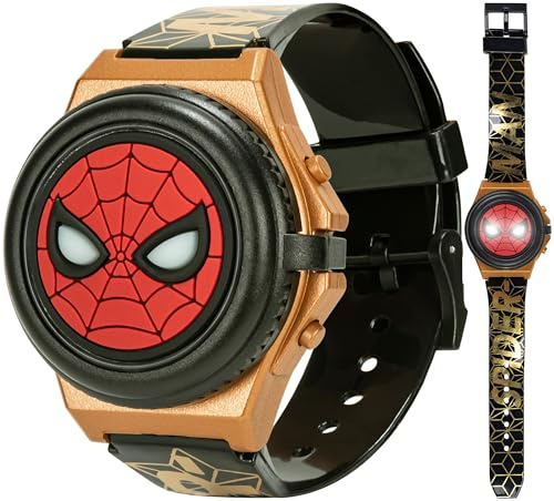Marvel Spider-Man Kids' LCD Watch – Light-Up Flip Top Design with Glowing Eye Cover, Gold-Tone Accents, and Adjustable Silicone Strap – Durable and Fun for Ages 5+