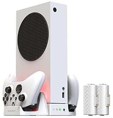 ElecGear Soporte Vertical y Ventilador de Refrigeración para Xbox Series S, 2X Batería Recargable y Base de Cargador Dual para Controlador Xbox, Estación de Carga del Mando con Luces LED y Puerto USB