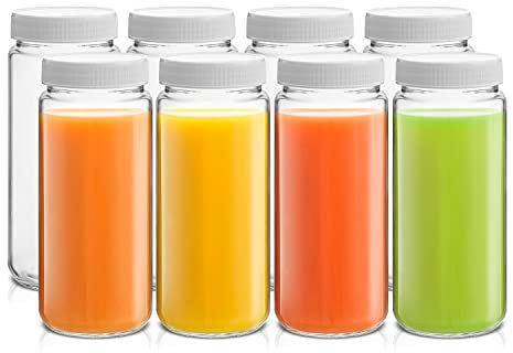 JoyJolt 16 oz Reusable Glass Bottles with Caps. Set of 8 Juicing Bottles With Lids and Juice Jars Labels. Glasses for Cold Brew, Smoothie