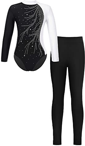iEFiEL Mädchen Turnanzug Langarm Glitzer Gymnastik Kleidung Set Ballett Trikot Langarmbody mit Lange Hose Kinder Gymnastikanzug Z Weiß + Schwarz 146-152