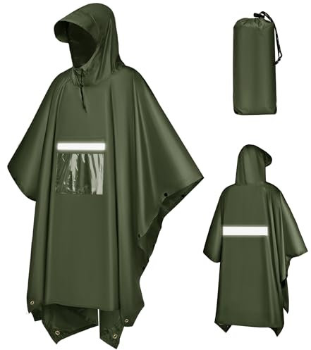 KTUEOV Poncho Lluvia, Reutilizable Poncho Impermeable con Reflectante Mujer Hombre 3 en 1 Multifuncional Chubasquero Poncho Plegable PU Transpirable Ligeros Capa Lluvia para Trekking Camping Pesca