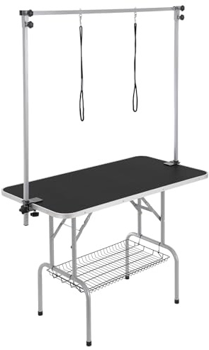 VEVOR Table de Toilettage pour Chien Animaux de Compagnie Pliable 1137,9x609,6 mm Capacité Charge 149,7 kg avec 2 Potences 2 Cordes d'Attache Panier Rangement pour Chiens de Taille Moyenne et Petite