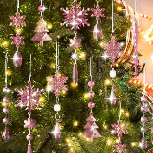 Lanpn 26 Pcs Christmas Ornaments Crystal Christmas Tree Decoration, Hanging Clear Acrylic Snowflake Icicle Drop Pendants for Xmas Winter Outdoor Indoor Party Decor Pink