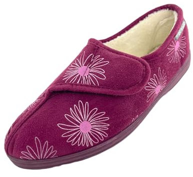 DUNLOP Pantoufles en mousse à mémoire de forme pour femme avec sangle réglable, semelle antidérapante, imprimé marguerites, doublure moelleuse, lavable en machine, tailles 36-42, prune, 38 EU