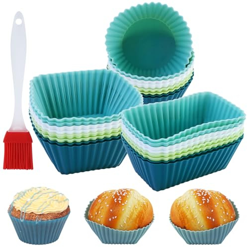 Set di 24 Stampi in Silicone per Muffin – 3 Forme: Rettangolare, Quadrato, Rotondo – Riutilizzabili Stampi Muffin Silicone, Senza BPA – Ideali per Cupcake, Torte, Creme e Budino