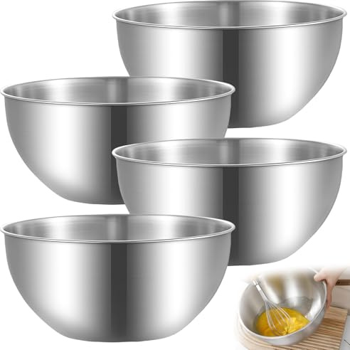 WANDGU Set di 4 ciotole in acciaio inox: lavabili in lavastoviglie, ciotola per insalata in acciaio inox, SUS 304 (diametro 19 cm) con scala di misurazione, ciotole impilabili in metallo