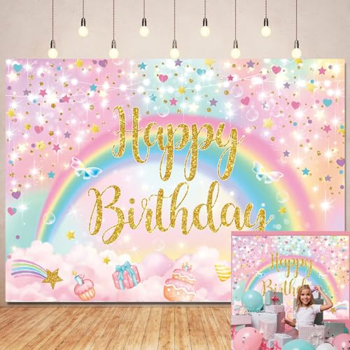 Toile de fond arc-en-ciel pour fille - Décorations de fête d'anniversaire - Nuages colorés à paillettes - Bannière de photographie pour enfant fille - Fête prénatale, gâteau - Fournitures de table