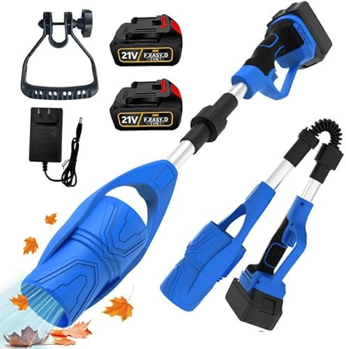 Soplador de hojas inalámbrico de 21 V, soplador de batería con 2 x3 Ah Baterías, 150 MPH, 520 CFM, soplador de jardín plegable para mantenimiento de césped, eliminación de hojas/nieve (azul-2 pilas)