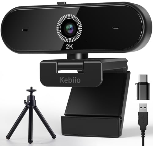 Kebiio Webcam 2K, USB A/C Webcam mit Mikrofon für PC, Streaming Kamera mit Autofokus, 90°Ansicht, Plug & Play, Videoanrufe, Konferenzen, PC Camera für Windows/MacOS/Skype/FaceTime