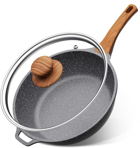 YASHE Sartén Profunda de Granito 30 cm con Tapa – Antiadherente, Compatible con Inducción, Mango Resistente al Calor con Asa Lateral para Mejor Agarre y Control