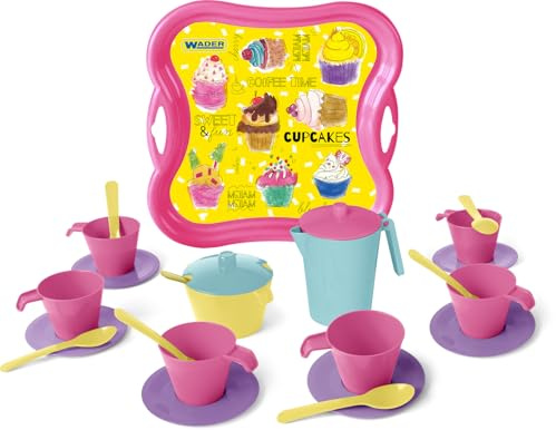 Wader 22111 – kaffe och te set för 6 personer på bricka, 24 delar, storlek ca. 28 cm, för barn från 12 månader, lämplig för mikrovågsugn och diskmaskin