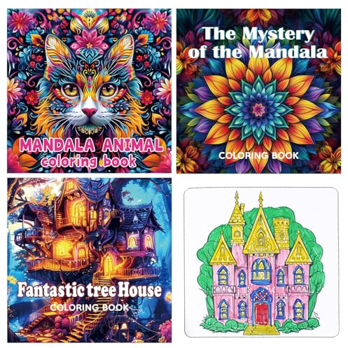 Mandala libro da colorare per adulti, 3 pezzi, mandala per adulti, set con fiori, animali e casa sull'albero, libro da colorare per alleviare lo stress, set creativo per donne