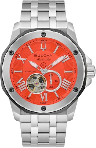 Bulova Menâs Automatic Marine Star Series A, Silver-Tone Stainless Steel Case with a 44mm Orange Heartbeat Dial (Style: 98A333)