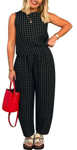 Gingham Co Ord Sets for Women Summer Lounge Wear Sets 2 Piece Outfits Gingham Check Print Sleeveless Top and Trousers ladies Travel Outfit Airport Set for Vacation Beach Holiday 2026