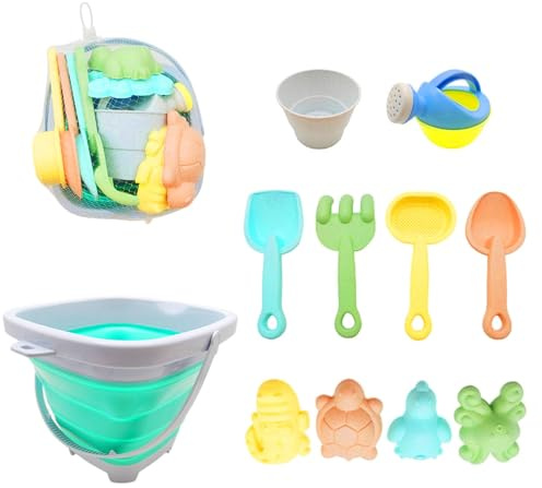 11 Piece Beach Sand Toys for Kids,Sand Bucket Sandpit Toys,Beach Toy with Collapsible Folding Bucke and Marine Animal Sand Moulds,Bucket and Spade Castle Sand Toys