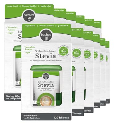 BORCHERS Stevia Süßstofftabletten, Tafelsüße 12x 120 Tabletten, Stevia-Zucker-Mischung, kalorienarm, praktischer Spender, Süßungsmittel, Zuckeralternative