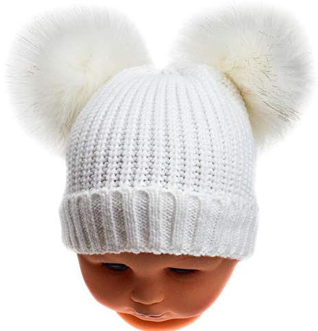 Tillfield White Soft Touch Baby Ribbed Double Faux Fur Pom Pom Hat (Newborn to 6 Months)
