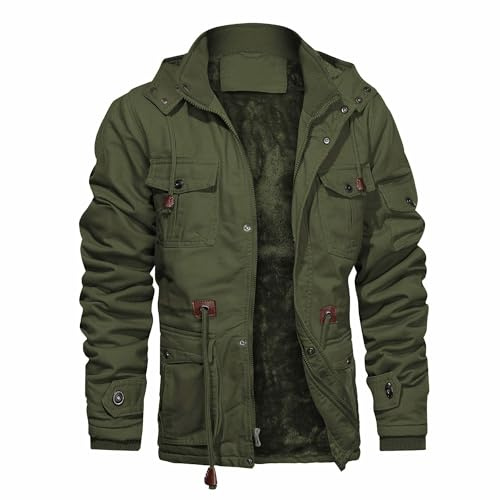 CHEXPEL, Chaquetas de invierno gruesas de forro polar y algodón con capucha para hombre, chaquetas militares o de trabajo con bolsillos tipo cargo, ropa exterior, Verde (Army Green-01), Large