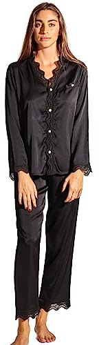Laura in - Pijama para Mujer de Seda satén con puntillas Set de 2 Piezas Camisa Abotonada y Pantalones, Suave, Bonita, fluida, Elegante y Casual.NegroL1403
