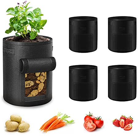 Ohiyoo Kartoffel Pflanzsack 5 Stück 15 Gallonen Kartoffel Pflanzsack, 56 L Pflanztaschen mit Sichtbarer Klappe und Griffen, Garten Pflanzbeutel für Gemüse, Kartoffel, Tomaten (15 Gallone, 56 L)