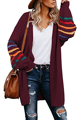 Dokotoo Chunky Cardigan Sweaters for Women Balloon Long Sleeve Striped Color Block Sweaters Open Front Cable Knit Cardigans Sweater Fashion 2025 Fall Outwear Coats Red XL