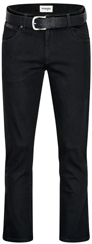 Wrangler Texas Herren-Stretchjeans Regular Fit Authentic Straight in verschiedenen Waschungen mit Gürtel in schwarz oder braun (W34/L32, Black Overdye + schwarzer Gürtel)