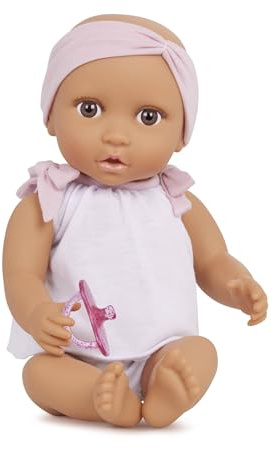 LullaBaby LBY7225Z Babydocka med dockkläder – honung hudton och bruna ögon – 36 cm babydocka, mjuk kropp napp – leksak för barn från 2 år – rosa pannband, multi