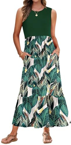 AUSELILY Summer Maxi Dresses for Women UK Sleeveless Ladies Floral Summer Dresses Beach Coverups Sun Dresses Tiered Flowy Swing Long Dress with Pockets Leaf Print S