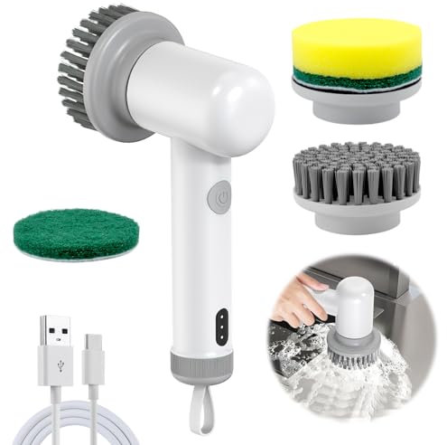 Elektrische Rotierende Reinigungsbürste Spin Power Scrubber Schrubber Electric Cleaning Brush Haushalt mit 4 Bürstenköpfe Multifunktionaler Elektrisch Bürste zum Putzen Elektrischer Putzbürste