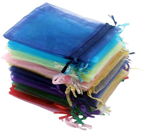 Leylve 100 Stück Organzasäckchen, Organzabeutel, 7 x 9 cm, Geschenkbeutel, Schmuckbeutel, Hochzeit-Säckchen, Lavendelsäckchen-Säckchen, Hochzeitsbevorzugung, Festivalparty, Satin-Kordelzug (Bunt)