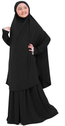 IWEMEK 2pcs Prayer Outfits for Muslim Girls Abaya Poet Sleeve Khimar + Maxi Skirt Set Baby Kids Eid Ramadan Clothes Islamic Kaftan Robe Traditional Saudi Arabian Dresses Black 9-10 Years