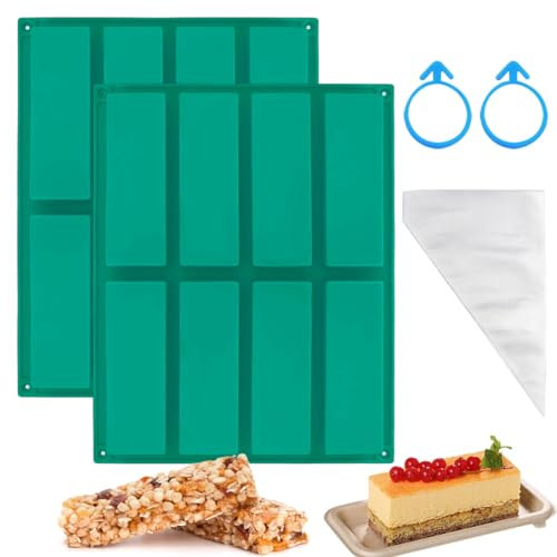 FWHFNB 2 Pezzi Stampi da forno per barrette di cereali,Stampo Rettangolare in Silicone a 8 Cavità,con 100 sac à poche usa e getta,senza BPA,per barrette di cereali,Torrone,Cioccolato,Torte (Verde)