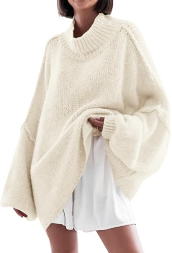 Saodimallsu Womens Oversized Sweaters Mock Neck Batwing Long Sleeve 2026 Fall Trendy Ribbed Knit Casual Tunic Sweater Creamy-White