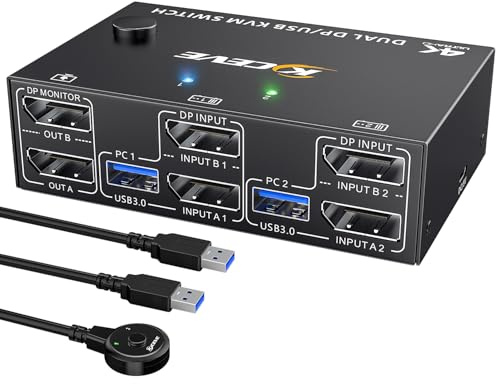 8K Displayport KVM Switch 2 Monitors 2 Computers 8K@30Hz 4K@144Hz, MLEEDA Dual Monitor KVM Switch for 2 Computers Share 2 Monitors and 4 USB 3.0 Device,Wired Remote and 2 USB Cables Included