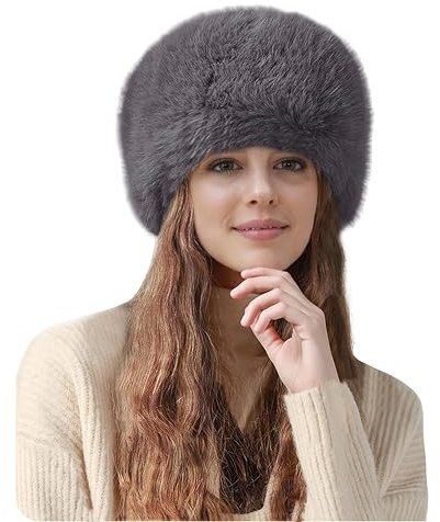 Lina & Lily Chapeau Femme Hiver en Fausse Fourrure, Bonnet Toque de Style Russe (Gris Foncé)