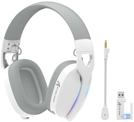 ATTACK SHARK L90 Auriculares Inalámbricos para Gaming Ultraligeros, BT, 2.4G, Cable de 3,5mm, Plegables con RGB, Sonido Surround 7.1, Micrófono Antirruido Desmontable, para PC, Móvil - Blanco