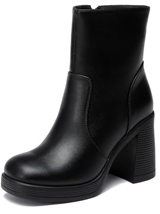 Glamnest Women's Platform Gogo Ankle Boots with Zipper, Square Toe Ankle Boots with Chunky Block Heel, Black Size 8