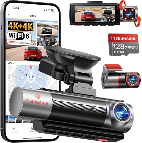 TERUNSOUl 4K+4K+1080P Dash Cam Front and Rear with Cabin, Free 128GB Card Included, WiFi 6 - up to 20MB/s, IR Night Vision, Built-in GPS, G-Sensor, 170°Wide Angle, 24H Parking Mode, Support 512GB Max