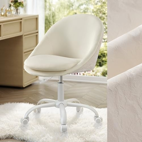 SONGMICS Sedia da Studio, Sedia Girevole con Parte Anteriore di Velluto, Poltrona da Scrivania Imbottita in Gommapiuma Regolabile in Altezza, Studio, Camera da Letto, Bianco Crema OBG020WD01