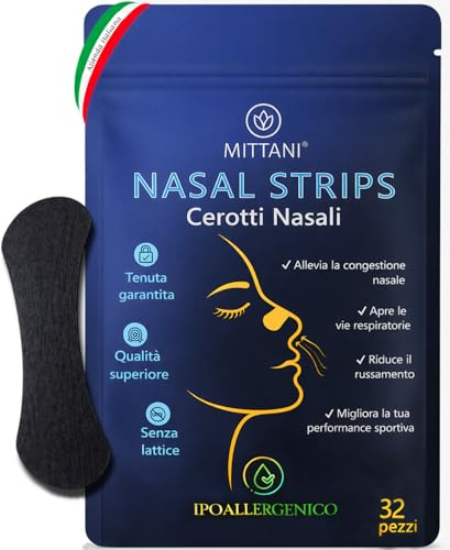 MITTANI® 32 Cerotti Nasali Antirussamento Uomo Donna, Decongestionante, Sport, Apri le Vie Respiratorie per Respirare Meglio dal Naso, Qualità Premium, Rinforzati