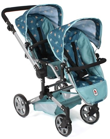 Bayer Chic 2000® dockvagn Linus Duo – stjärna turkos – vikbar tvillingdockvagn – justerbart handtag 50–82 cm – dockor upp till 50 cm – 4–8 J.