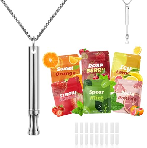 ADASTONE Bärbart smaksatt lufthalsband med 18 påfyllningsbara smakkärnor, sensoriskt andningshalsband för vuxna, mindful andnings- och avslappningstillbehör i 6 smaker, resevänlig design (silver)