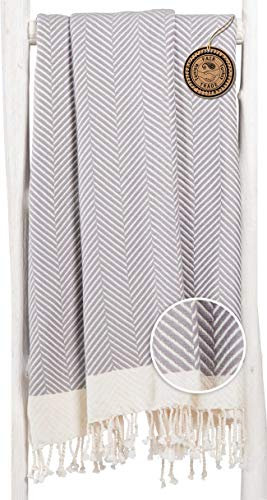 ZusenZomer Hamamtuch XXL Dilan 95x210 Grau - Fouta Hamam Badetuch Strandtuch Saunatuch - 100% Hochwertige Baumwolle Fischgrät-Gewebe - Auch für Herren - Fair Trade Hamamtücher