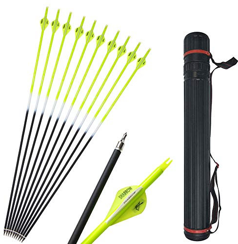 SHARROW 12pcs Carbonpfeile 30 Zoll Jagdpfeile Pfeile für Bogen Bogenpfeile Spine 500 mit Pfeil Köcher für Recurvebogen und Compoundbögen (Gelb)