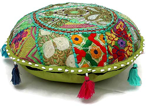 DK Homewares Algodón Redondo Funda de cojín de Piso Otomano 45x45 cm Decorativo Cojines Grandes Verde Loro Patchwork Bordado Salón Vintage Funda de Almohada de Piso 18 Inch